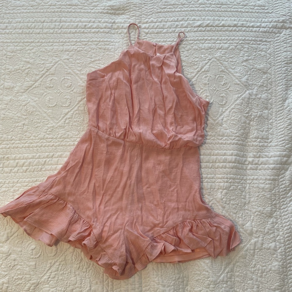 Lush High Neck Flutter Hem Romper in Lotus Pink